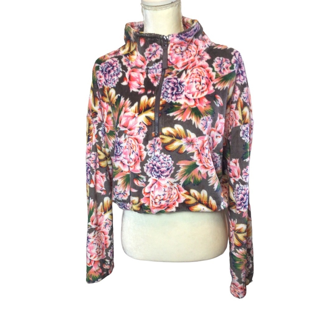 Urban Outfitters Plush Floral 1/2 zip Crop Fleece  Sweatshirt